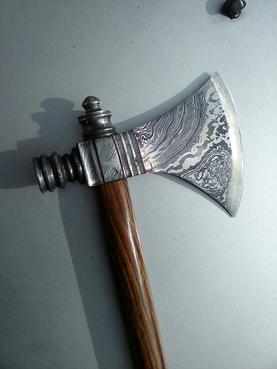 Custom Viking Smoke Pine Tomahawk Axe - Damascus Steel with Rosewood Handle & Leather Sheath - Korvel