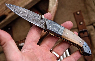 Buffalo Horn Damascus Steel Folding Knife - Everyday Essential - Korvel