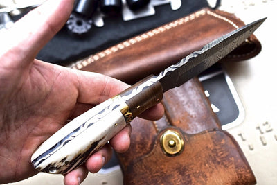 Exquisite Custom Damascus Wood Hunting Knife with New Zealand Red Stag Handle - Korvel