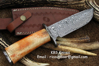 KBS Knives: Exquisite 12-Inch Damascus Hunting Knife with Colorful Camel Bone Handle - Korvel