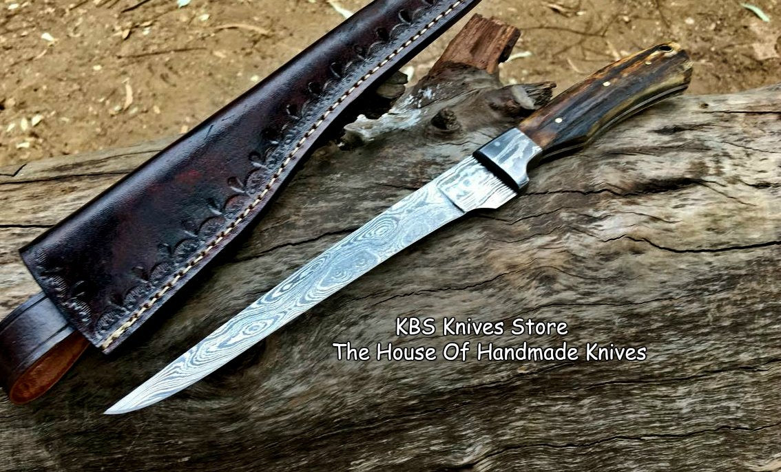 KBS Knives Store Premium Handmade Damascus Steel Fillet Knife with Antler Handle & Leather Sheath - Korvel