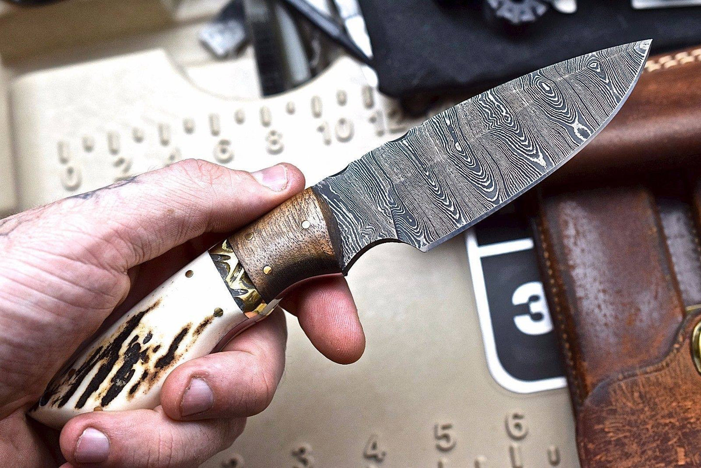 Exquisite Custom Damascus Wood Hunting Knife with New Zealand Red Stag Handle - Korvel