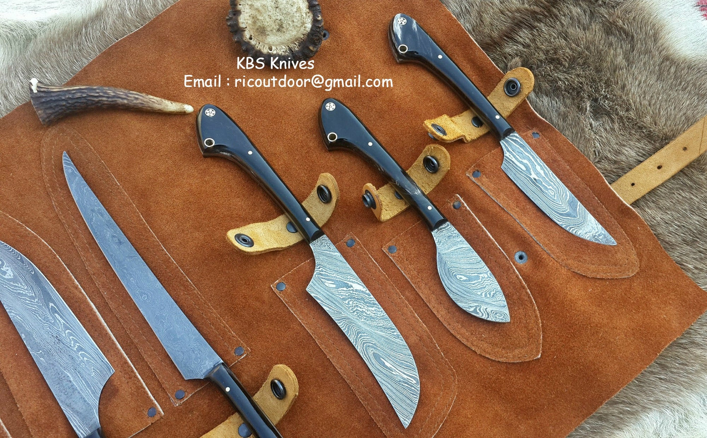 Premium Custom Damascus Steel Hunting Knife Collection with Buffalo Horn Handles - Korvel