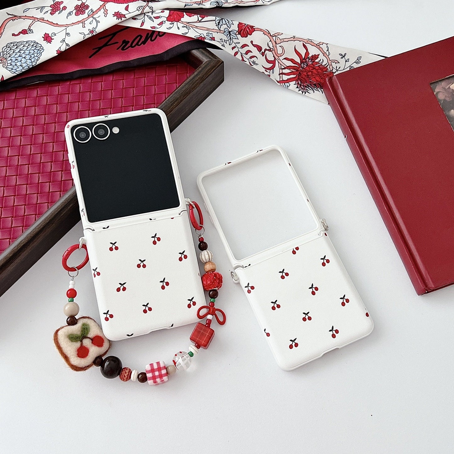 White Background Korean Style Cherry Phone Case for Samsung Z Flip 7/5/6/4 Foldable Protective Shell Compatible with Oppo and Huawei - Korvel