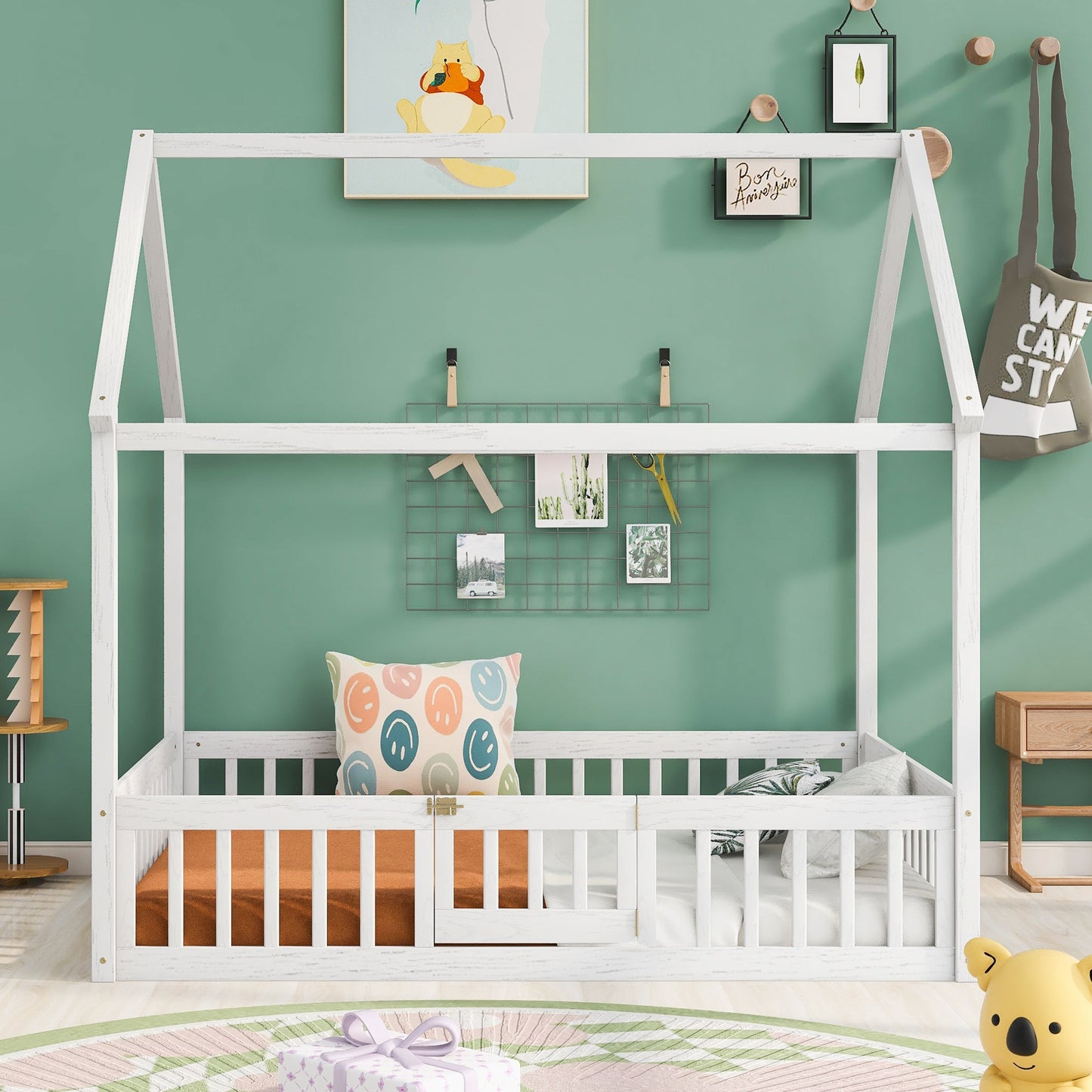 Full Size Wood House Bed with Fence and Door White Wash - Korvel