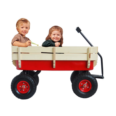 Outdoor Wagon All Terrain Pulling w/Wood Railing Air Tires Children Kid Garden(Red) - Korvel