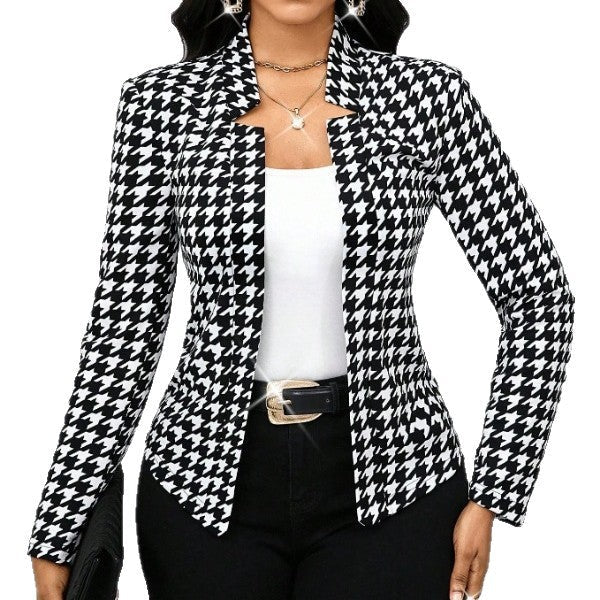 Blazer Houndstooth Automne Hiver Cardigan Long Manches