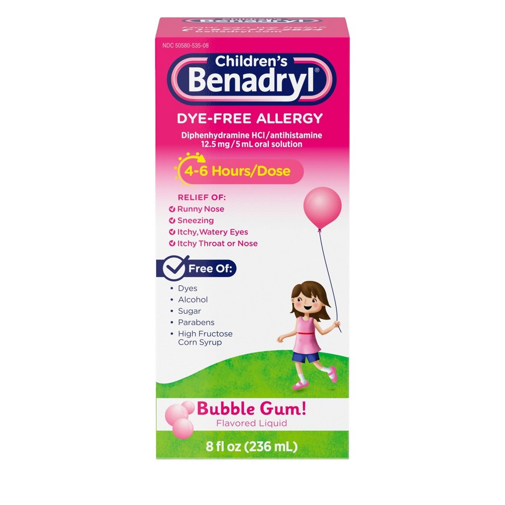 Benadryl Líquido para Alivio de Alergias en Niños - Sabor a Chicle Sin Colorantes, 8 Fl Oz