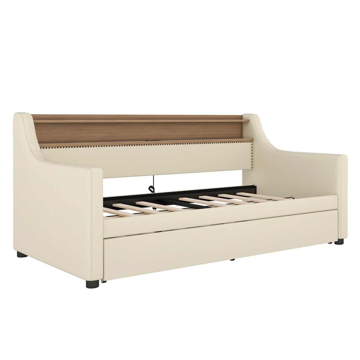 Twin Size Daybed with Trundle, Upholstered Daybed with Charging Station and LED Lights, Beige - Korvel