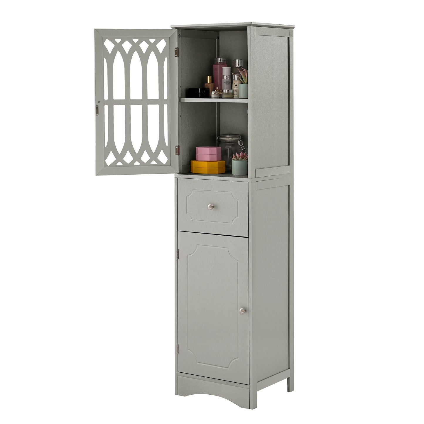 Tall Bathroom Cabinet, Freestanding Storage Cabinet with Drawer and Doors, MDF Board, Acrylic Door, Adjustable Shelf, Grey - Korvel