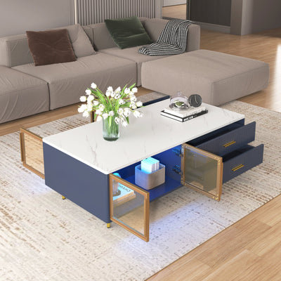 Modern Navy Blue Coffee Table with 2 Glass Door Storage, 4 Drawers, Gold Metal Legs, and Multi-Color Lighting in 47.2'' - Korvel