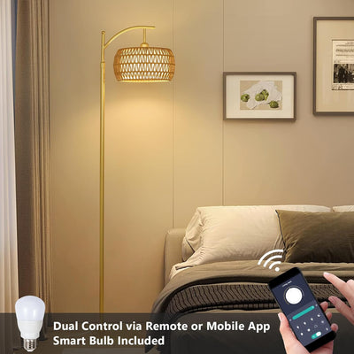Arc Floor Lamp with 3 Color Temperatures, LED Gold Floor Lamp with Remote & Stepless Dimmable Bulb, Boho Standing Lamp - Korvel