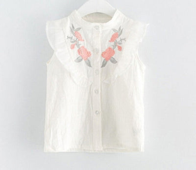 INS Children's Clothing Girls Embroidered Flowers Ruffled Lace Sleeveless Shirt Two-Color Shorts Set - Korvel