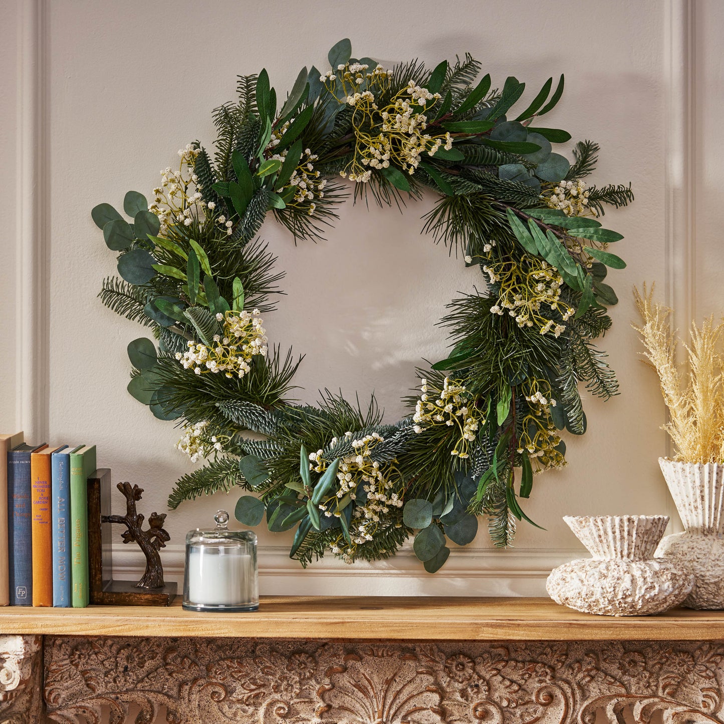30IN Eucalyptus leaves, pine twigs, stars wreath - Korvel