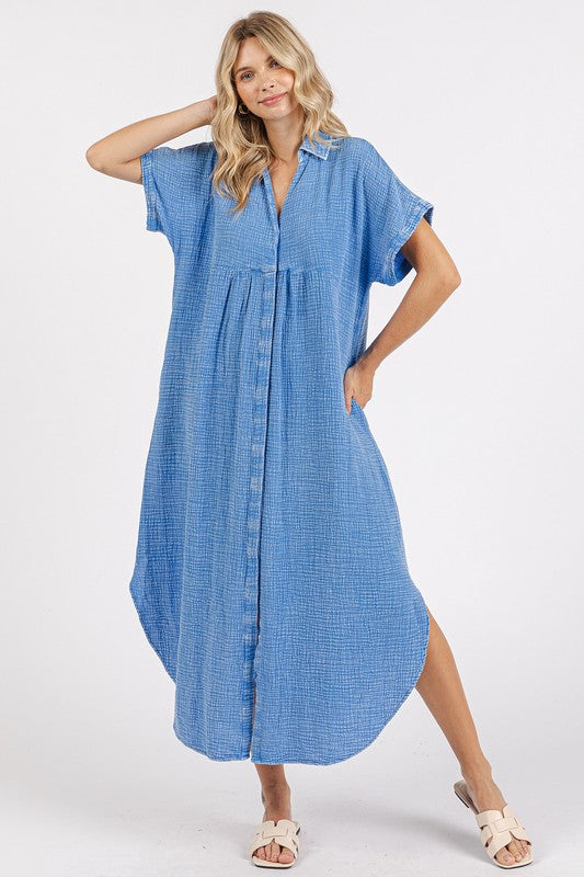 Robe Midi Boutonnée V-Neck à Lavage Minéral
