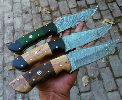 Elite Damascus Hunting Knife Collection - 3 Premium Knives with Unique Handles and 9-Inch Blades, Includes Leather Sheath - Korvel