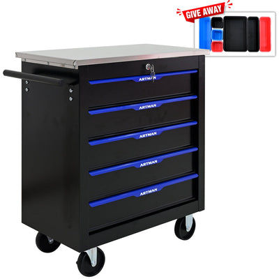 5 DRAWERS MULTIFUNCTIONAL TOOL CART WITH WHEELS-BLACK+BLUE - Korvel