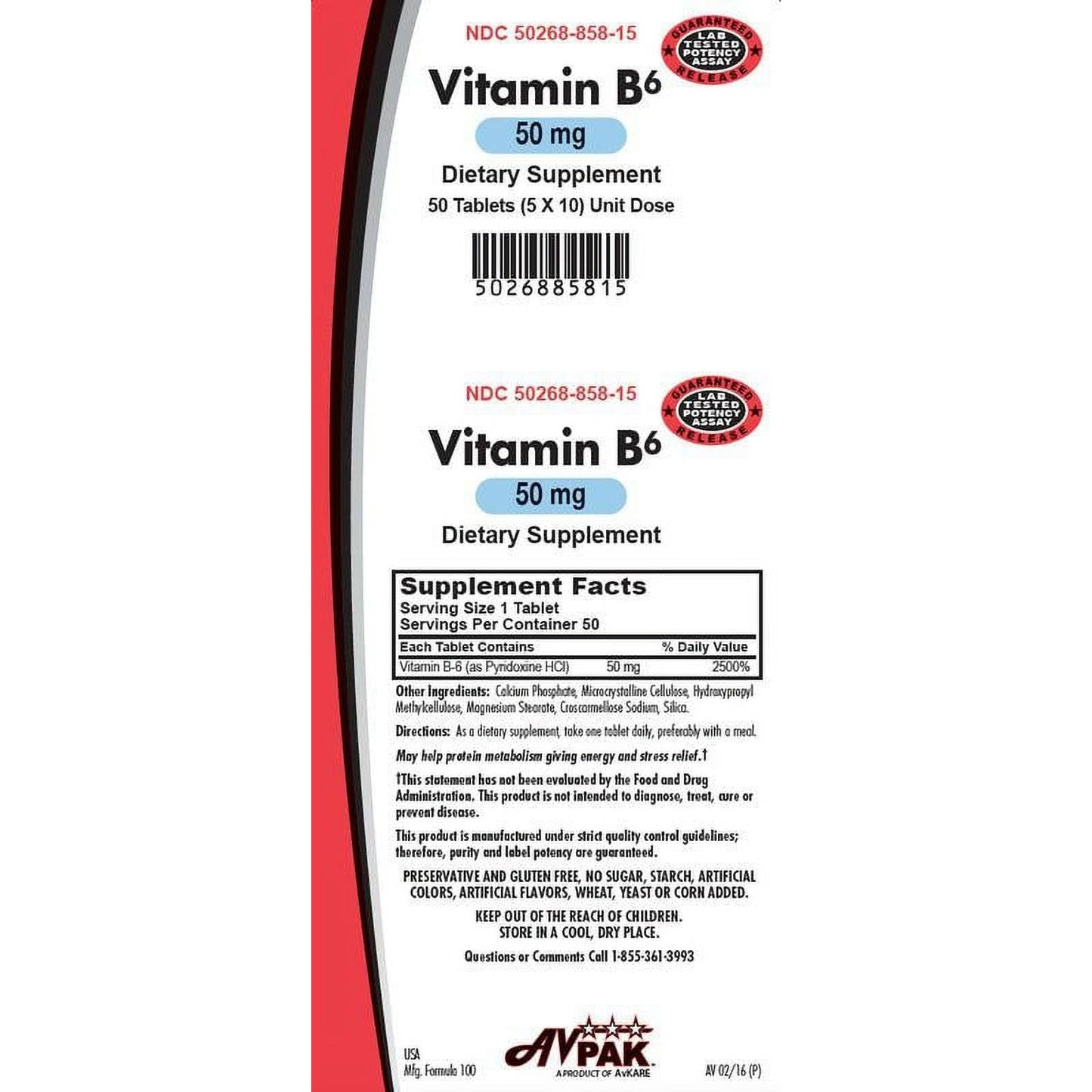AvKARE Vitamin B6 Tablets, 50mg - Premium Quality
