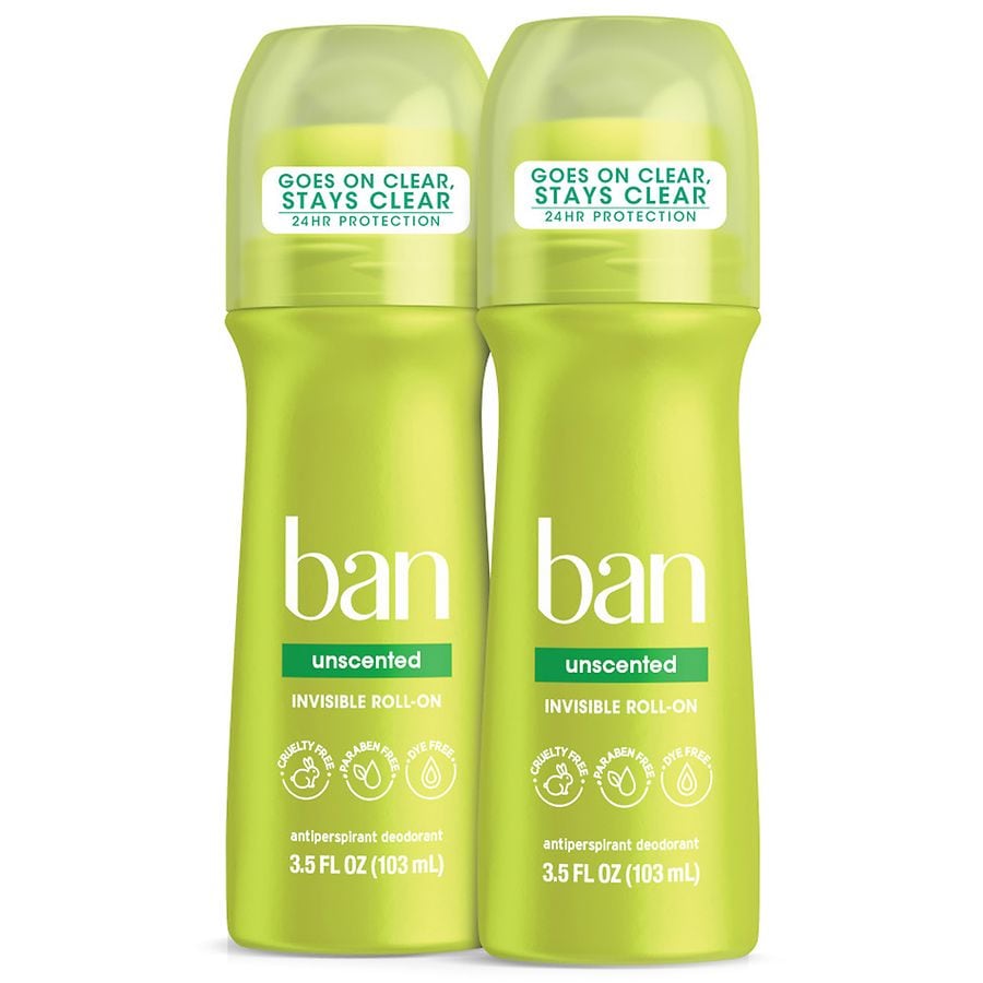 Desodorante Antitranspirante Roll-On Ban, Sin Fragancia, 3.5 oz (Paquete Doble)
