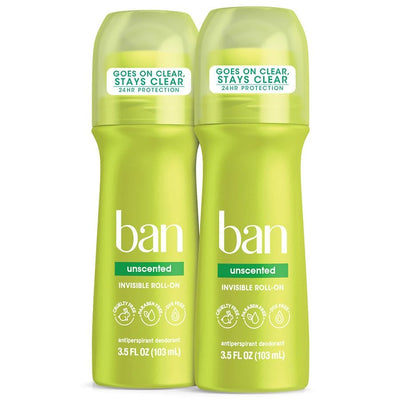 Ban Roll-On Antiperspirant Deodorant, Unscented, 3.5 oz (Twin Pack)