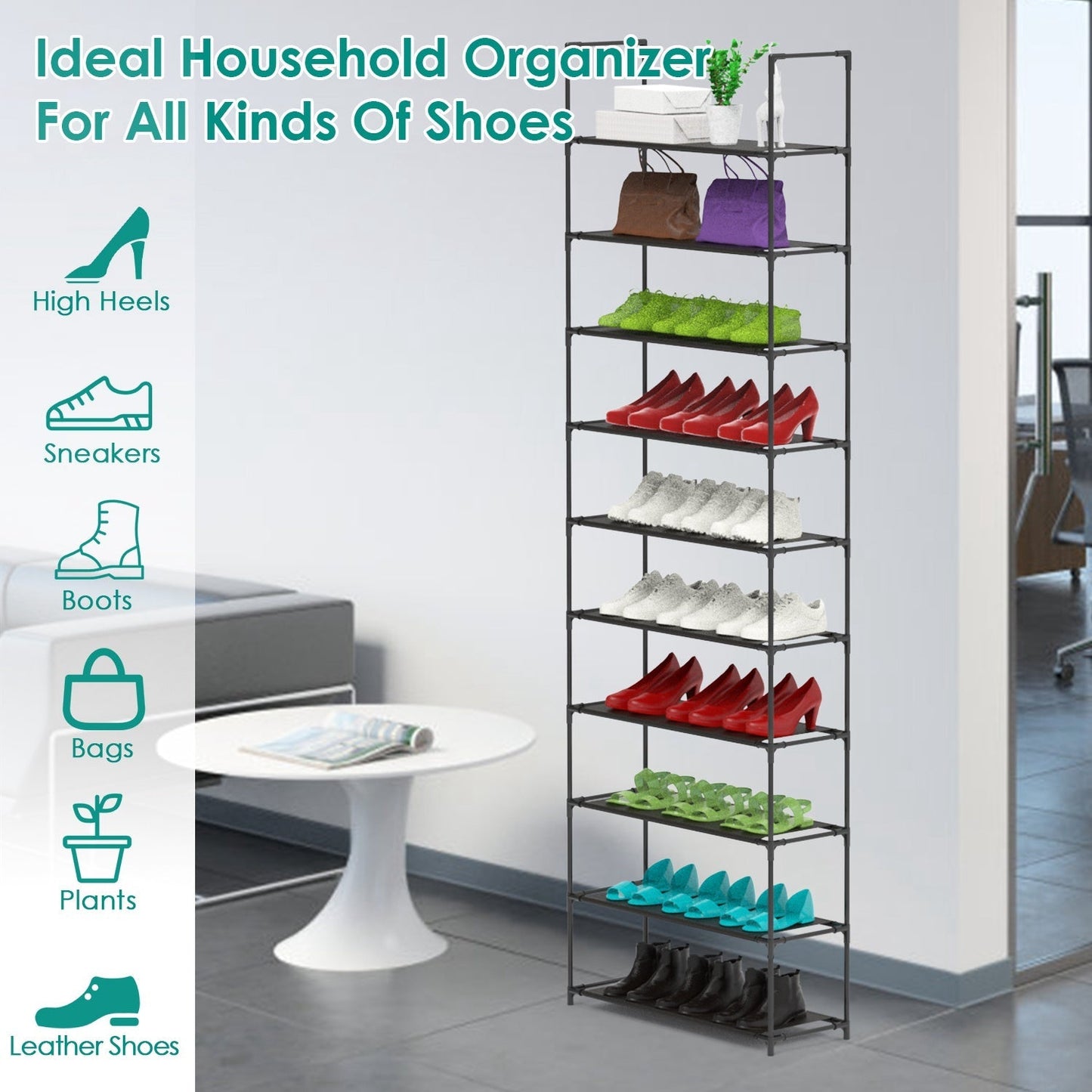 10-Tier Space-Saving Shoe Rack for 25-30 Pairs