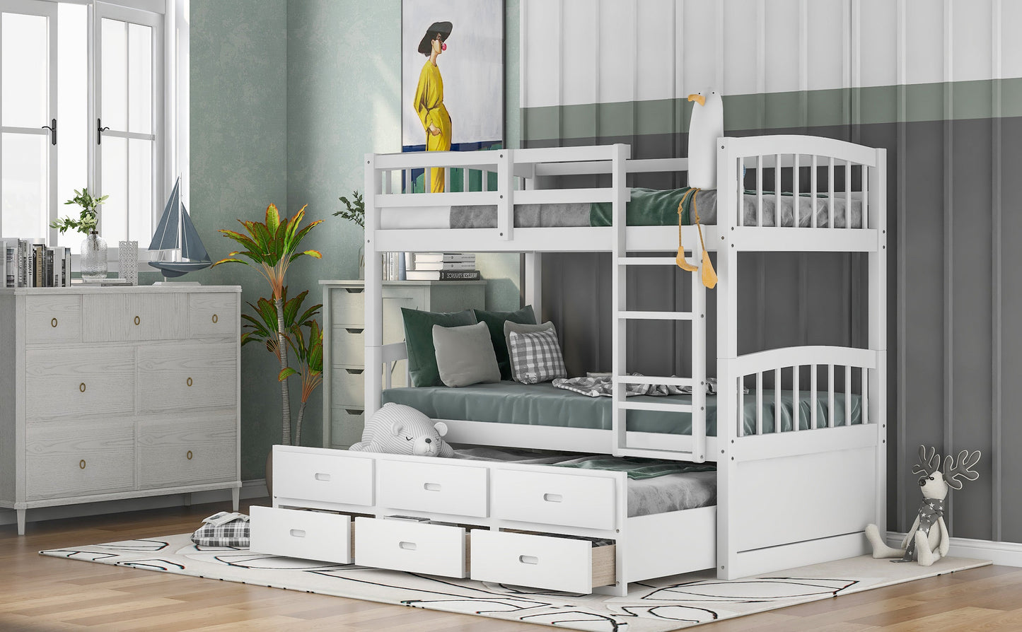 Twin over Twin Wood Bunk Bed with Trundle and Drawers White - Korvel