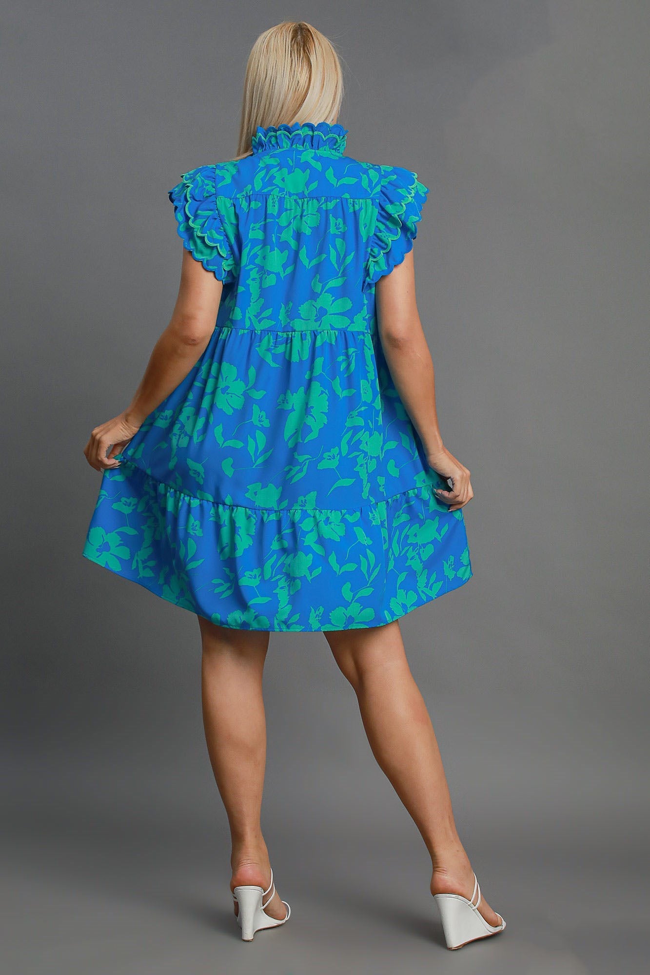 Robe Mini Imprimée Florale Bicolore Élégante Bleue