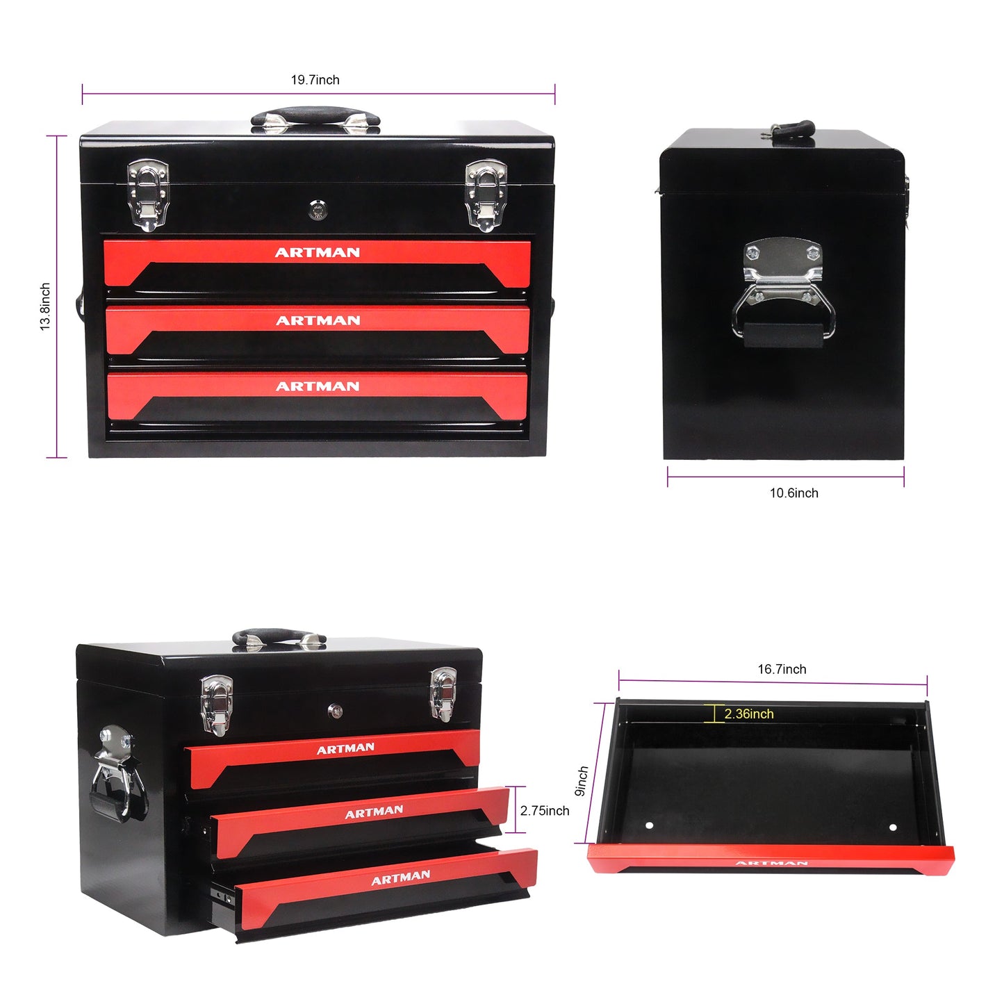 Caja de herramientas premium de 3 cajones para almacenamiento organizado
