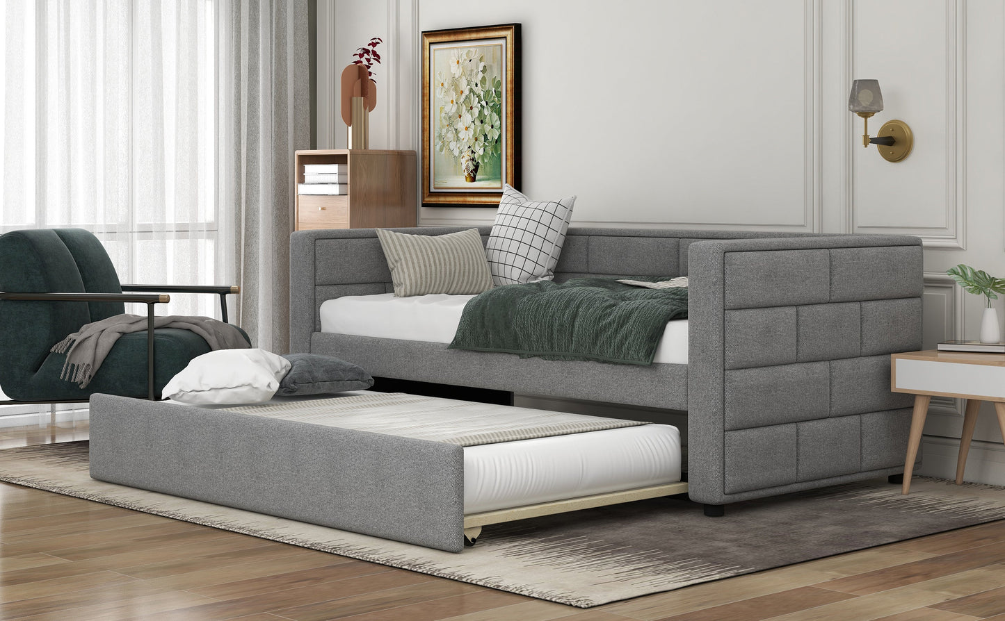 Twin Size Daybed with Trundle Upholstered Daybed with Padded Back Gray - Korvel