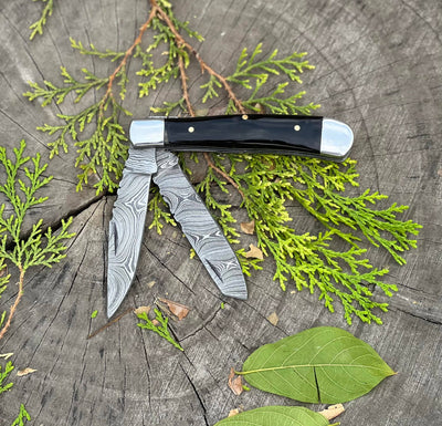 Custom Damascus Trapper Folding Pocket Knife with Buffalo Horn Handle - 3.2" Blade - Korvel