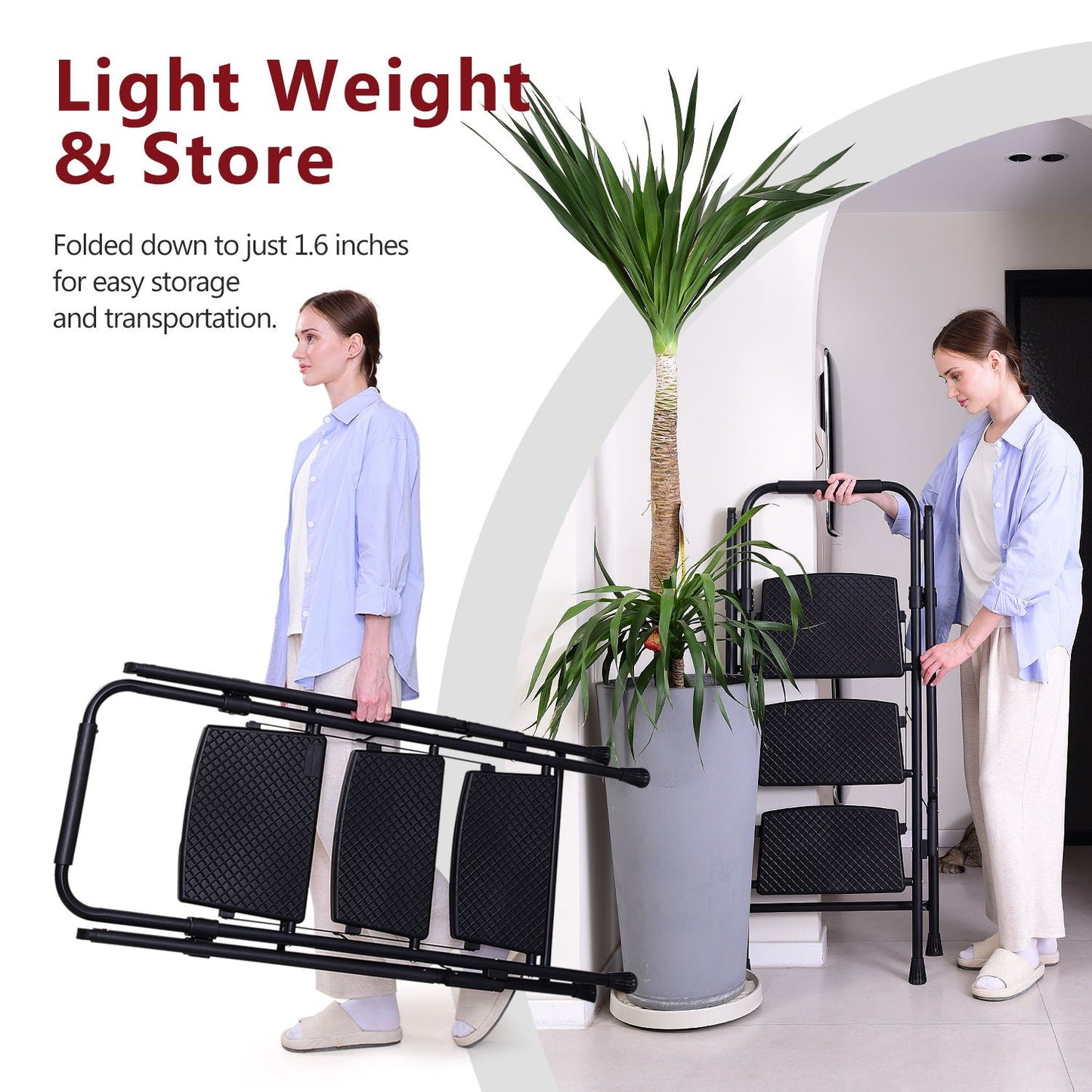 Four step ladder, lightweight folding four step stool, wide anti slip pedal and safety handle, sturdy steel ladder - Korvel