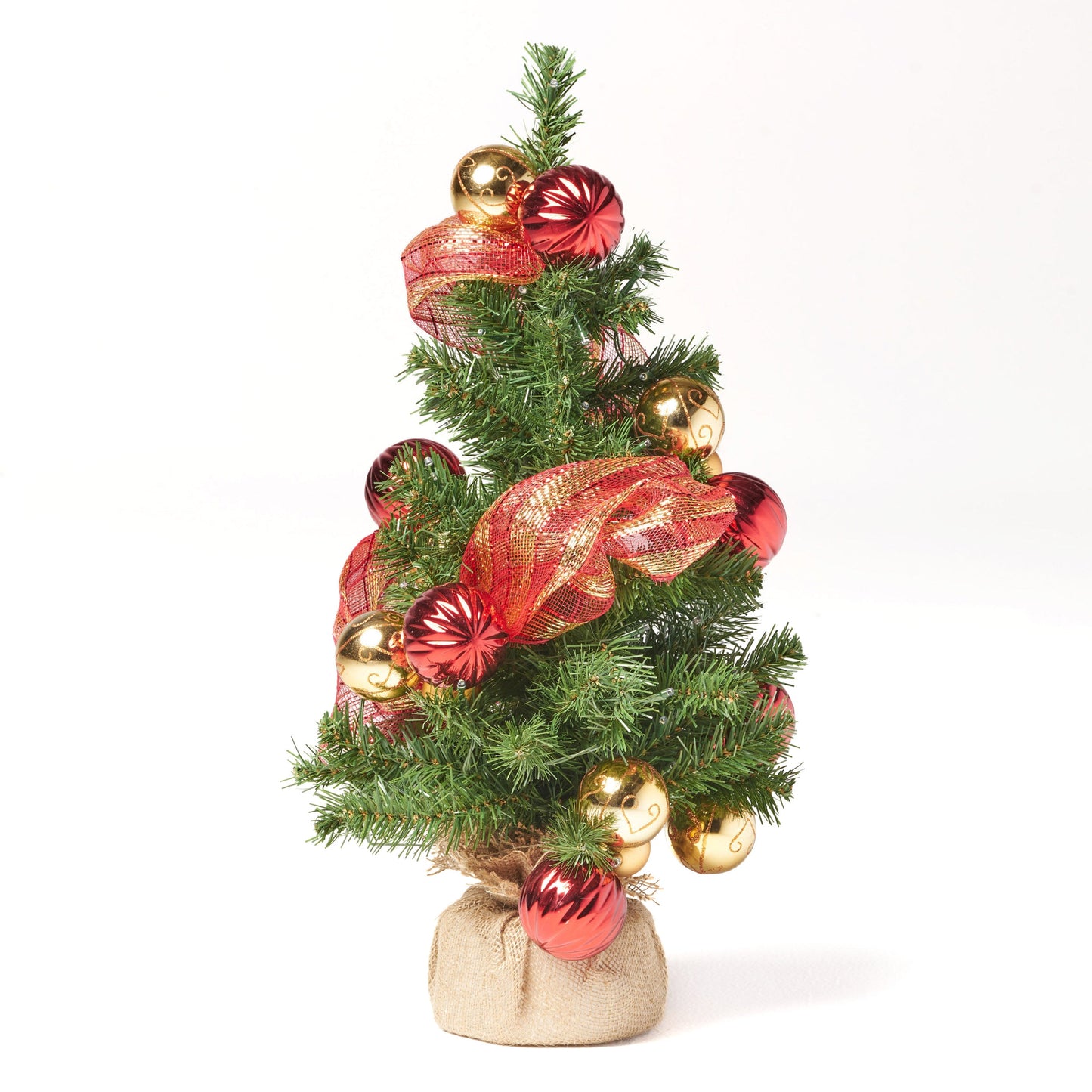 Árbol de yute rojo y dorado de 2' con 50 luces LED blancas cálidas