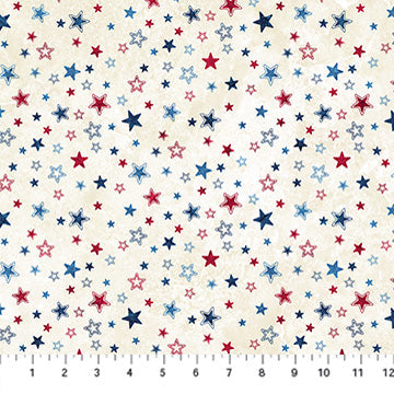Tela de Algodón Beige con Estrellas y Rayas Multicolores por Yarda