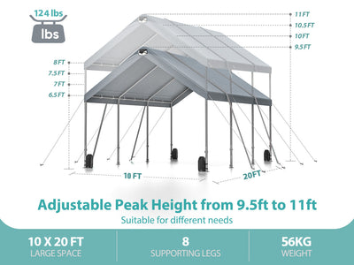 Sannwsg 10 * 20 ultra large portable carport garage, adjustable from 9.5 feet to 11 feet, with detachable roof and side walls - Korvel