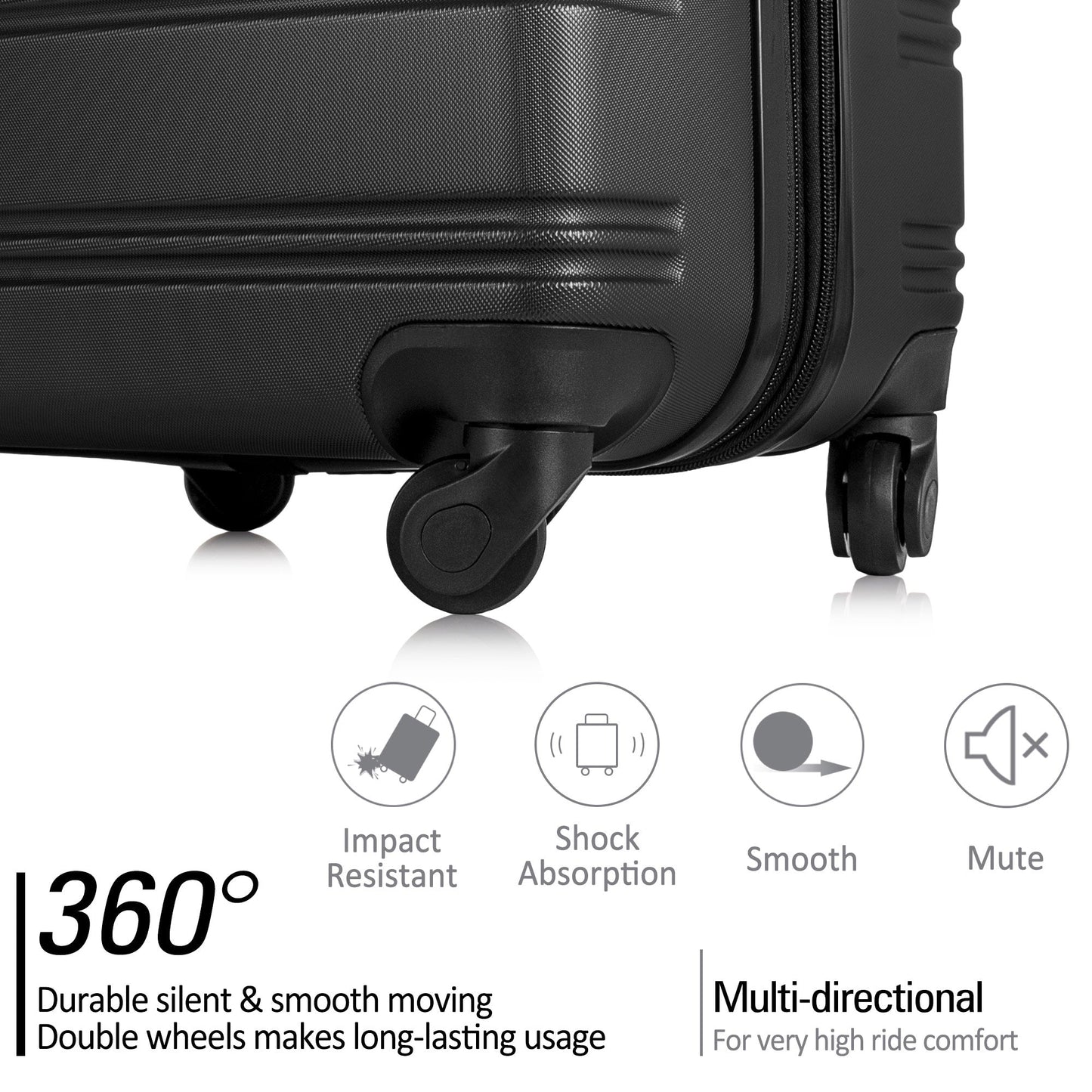 Ensemble de valises rigides noires premium de 3 pièces avec serrure TSA