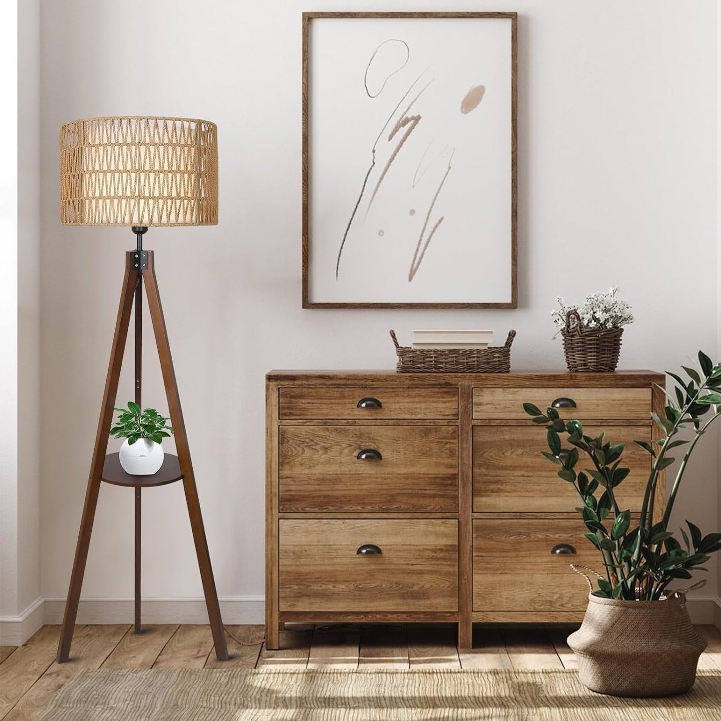 Boho Tripod Floor Lamp with Shelves - Mid Century Design