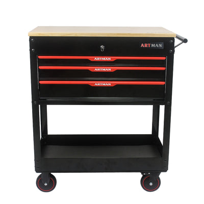 3 DRAWERS MULTIFUNCTIONAL TOOL CART WITH WHEELS AND WOODEN TOP - Korvel