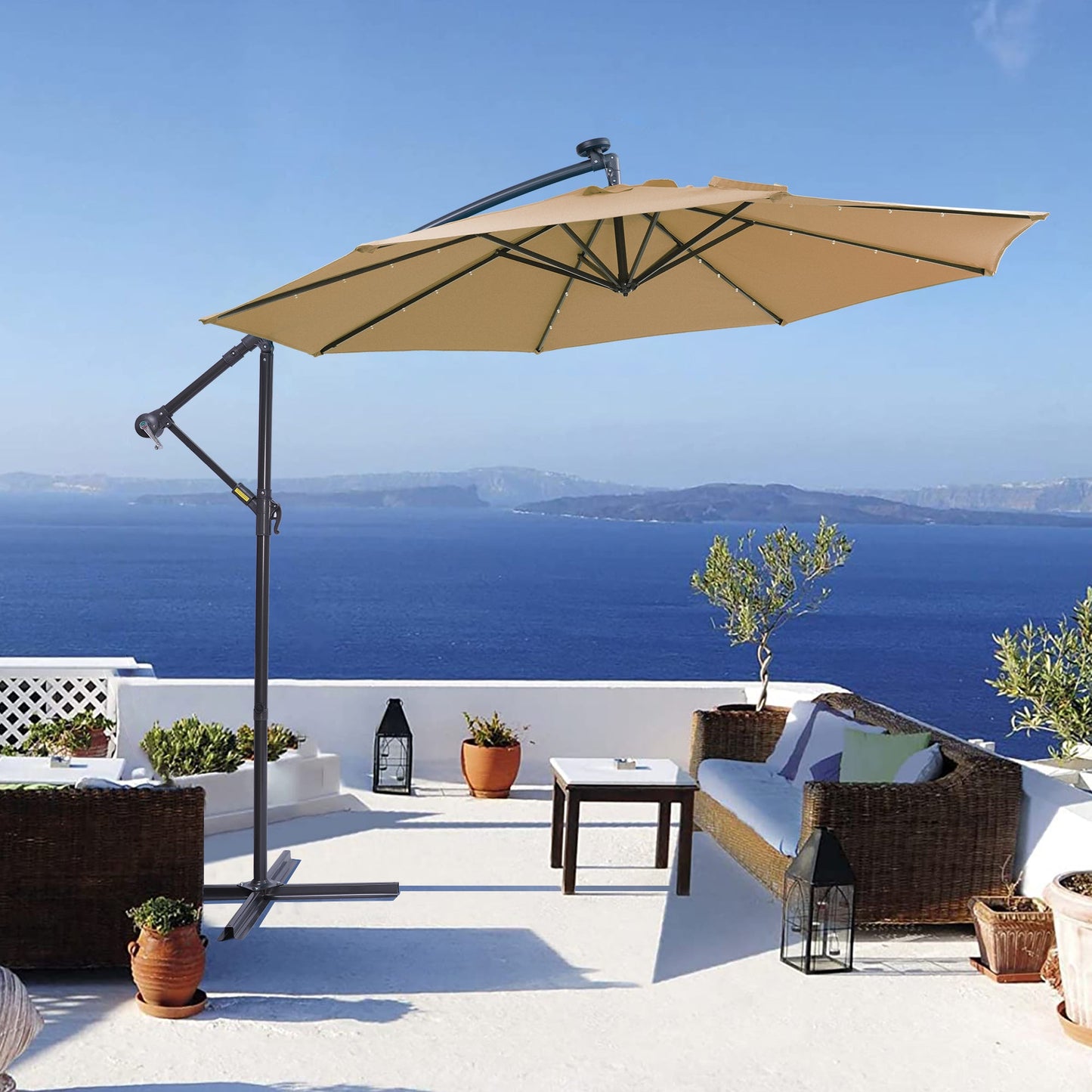 10 FT Solar LED Patio Umbrella with Easy Open Adjustment - Taupe