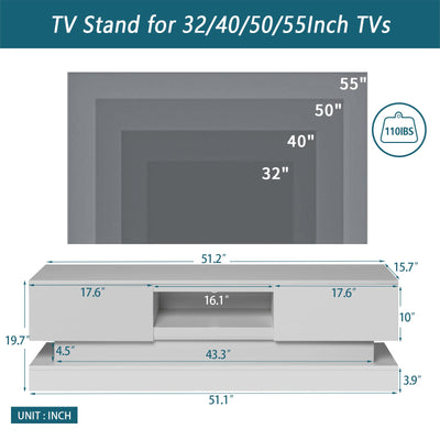 51.18inch WHITE morden TV Stand with LED Lights high glossy front TV Cabinet color:WHITE - Korvel