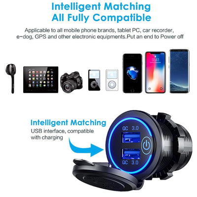 36W QC 3.0 Touch Switch Waterproof Universal Motorcycle Car Truck Boat Dual USB Charger Socket For Phone Tablet Camera GPS DVR - Korvel