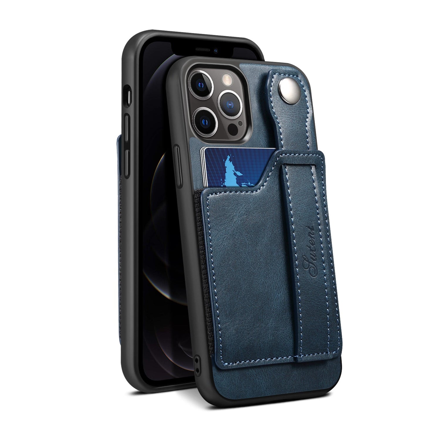 For iPhone 14ProMax Mobile Phone Case Apple iPhone 14Pro Plug-In Card Leather Case Wrist With Back Cover Type Protective Case - Korvel