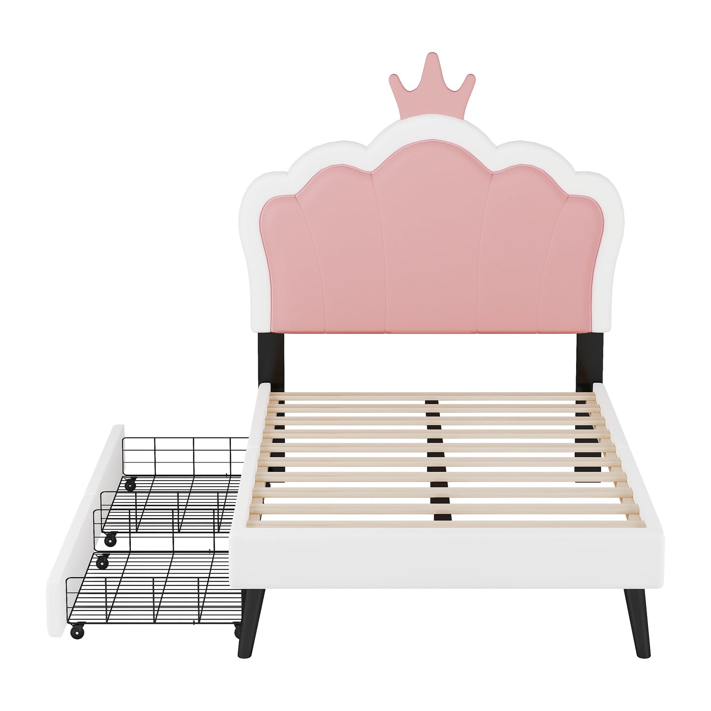 Lit Princess en Tissu de Taille Twin avec Tête de Lit Couronnée