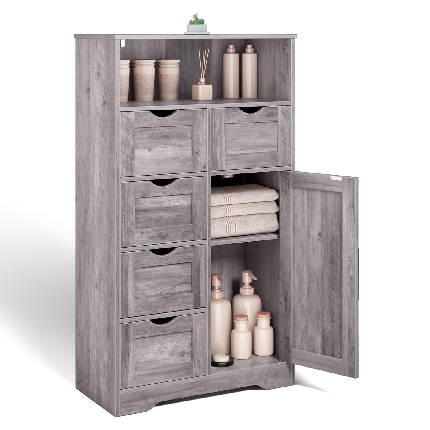 5 Drawers Storage Cabinet with Adjustable Shelves, Bathroom Cabinet with Doors, Floor Cabinet for Living Room Grey - Korvel
