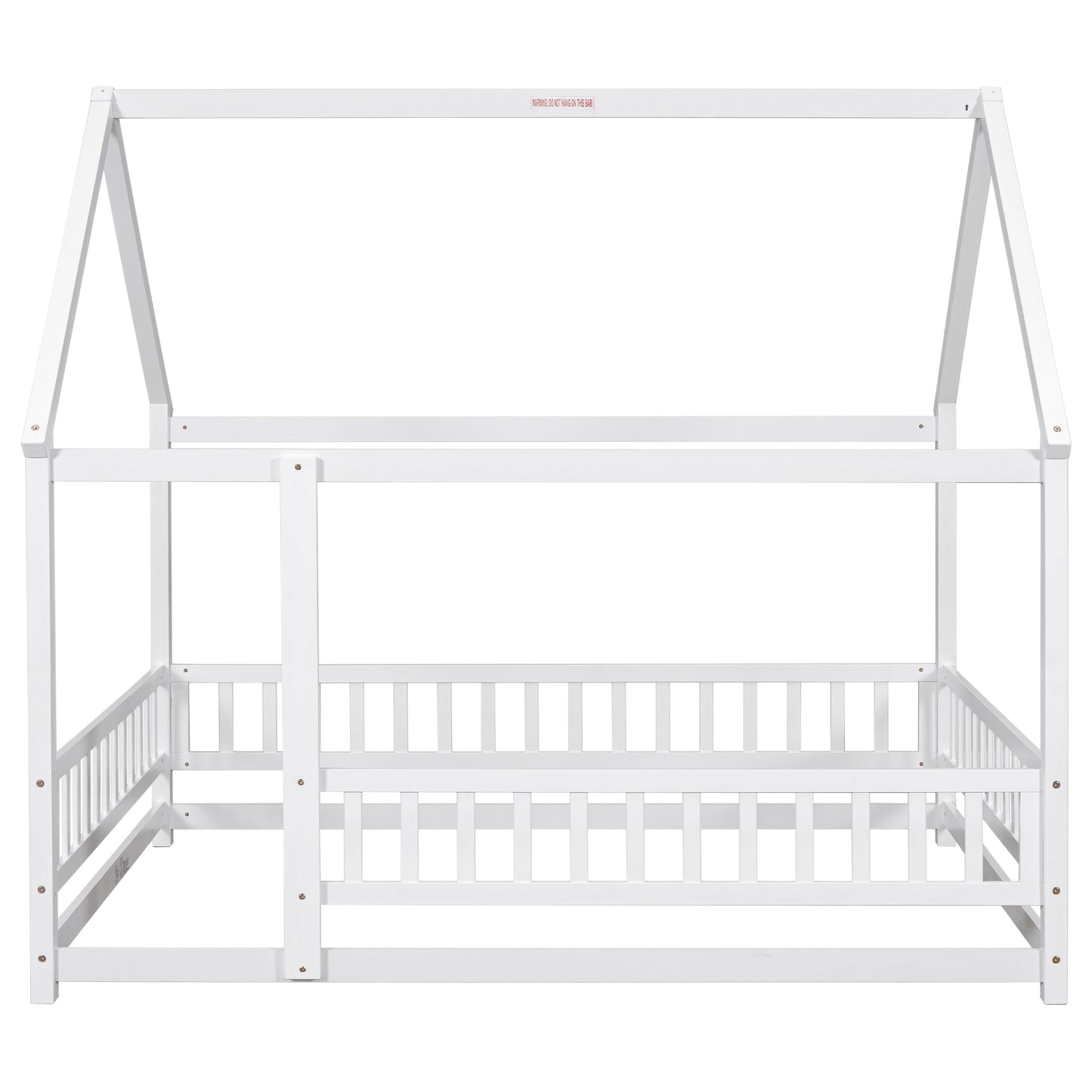 Full Size Floor Wooden Bed with House Roof Frame and Guardrails - White