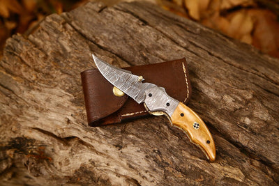 Exquisite Handmade Damascus Steel EDC Folding Knife | 3-Inch Blade, Bone Handle, Leather Sheath | Perfect Gift by KBS Knives - Korvel