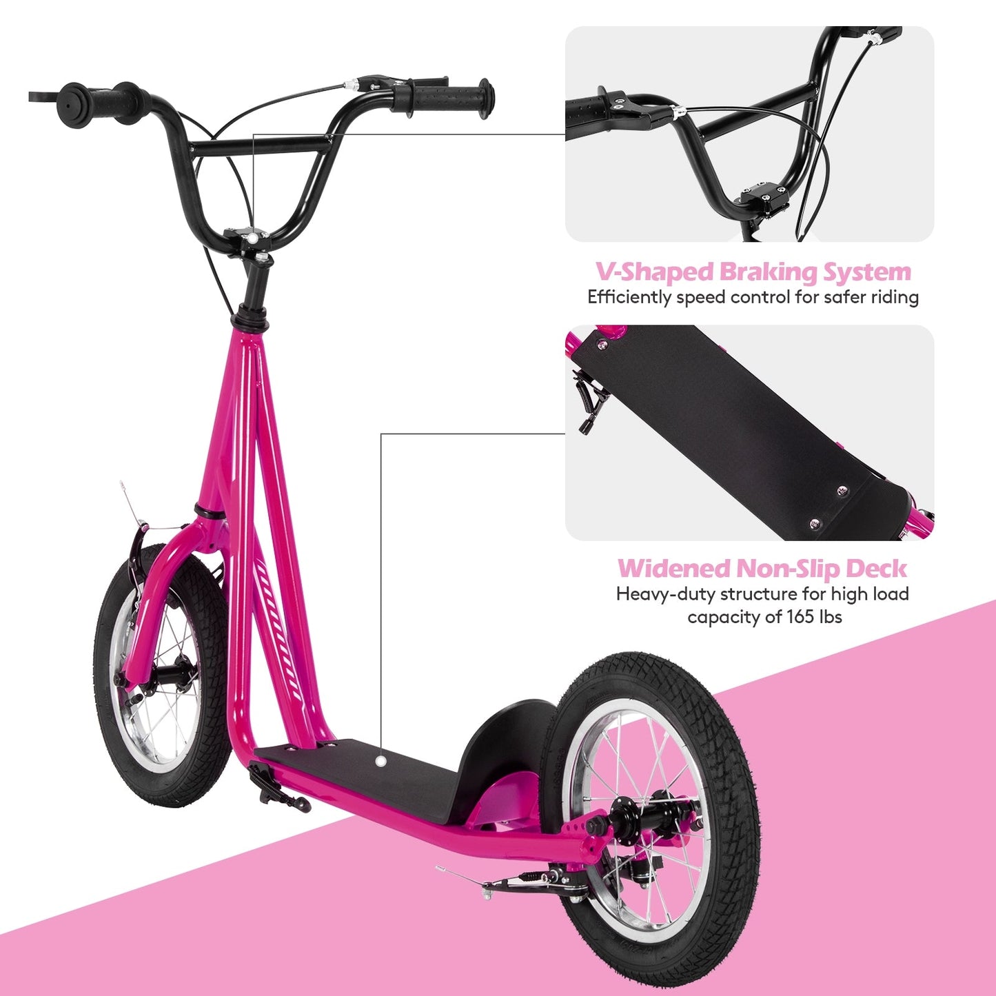Height Adjustable Pink Kick Scooter with 12-Inch Wheels