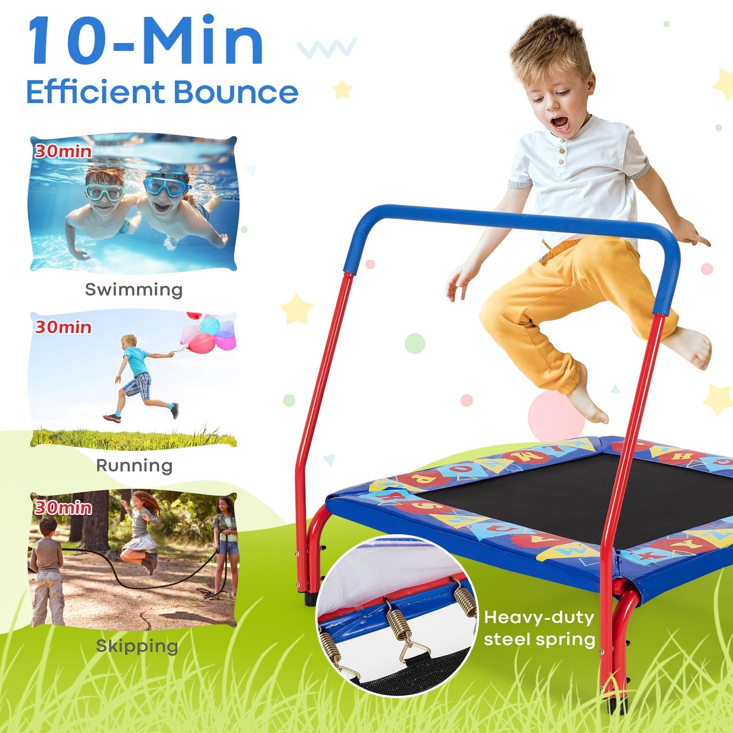 36 Inch Kids Indoor Outdoor Square Trampoline with Foamed Handrail - Blue