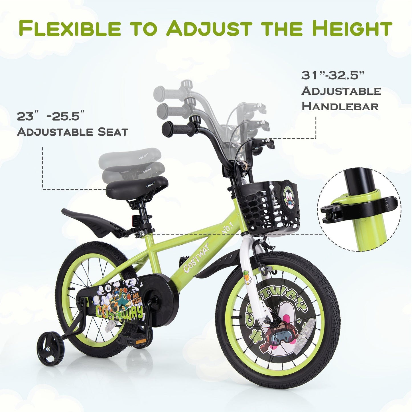 Vélo pour enfants Gbruno de 16 pouces avec roues d'entraînement réglables