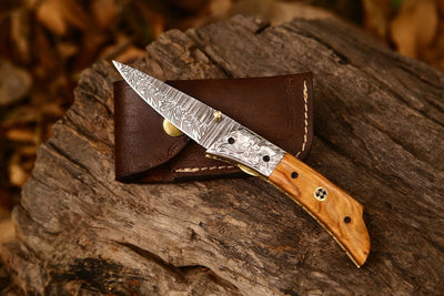 Custom Handcrafted Damascus Steel EDC Folding Knife | 3-Inch Blade, Olive Wood Grip, Leather Sheath | Perfect Gift - Korvel