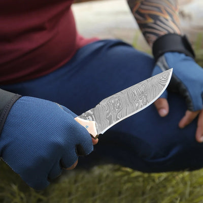 Premium Custom Damascus Steel Hunting Knife with Unique Epoxy Pearl Handle & Leather Sheath - Korvel